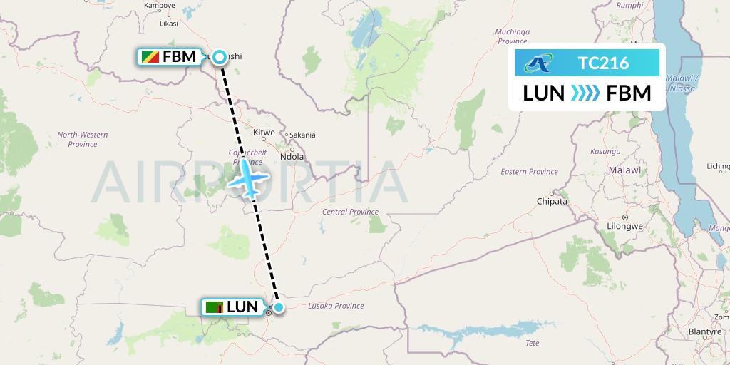 TC216 Air Tanzania Flight Map: Lusaka to Lubumbashi