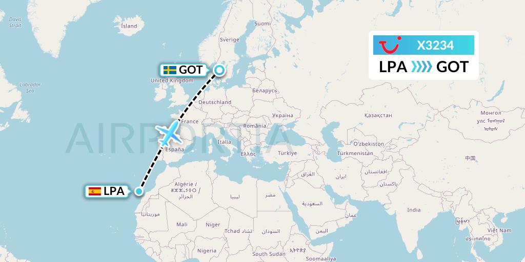 X3234 TUI fly Germany Flight Map: Las Palmas to Gothenburg