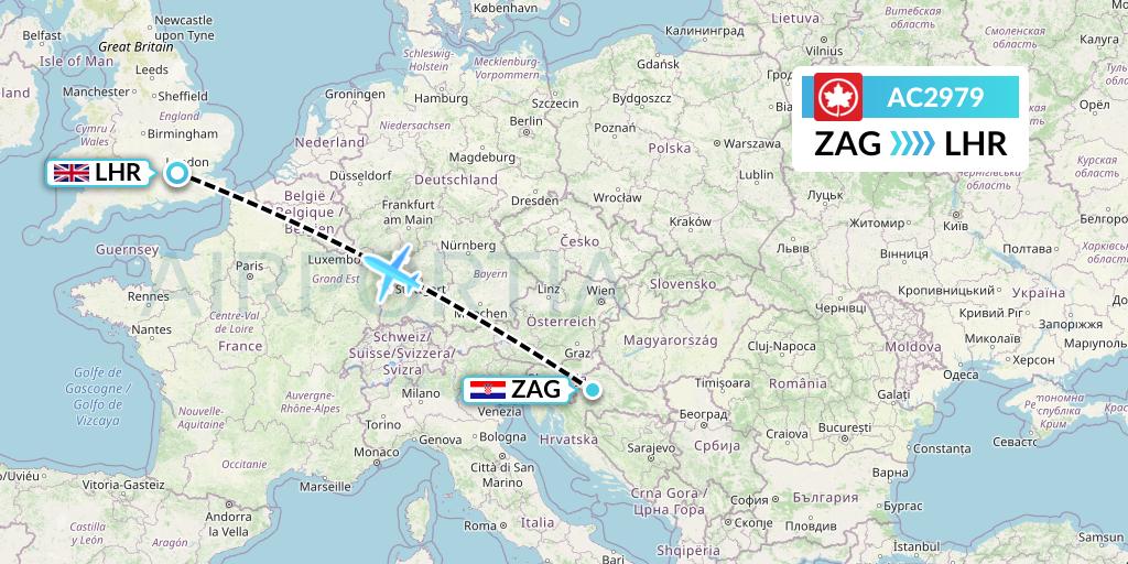 AC2979 Air Canada Flight Map: Zagreb to London