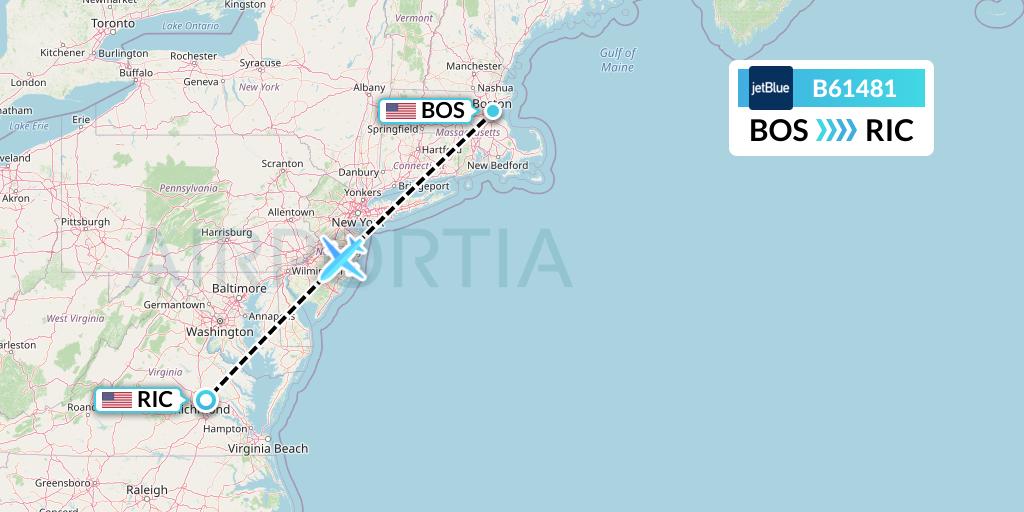 B61481 JetBlue Airways Flight Map: Boston to Richmond