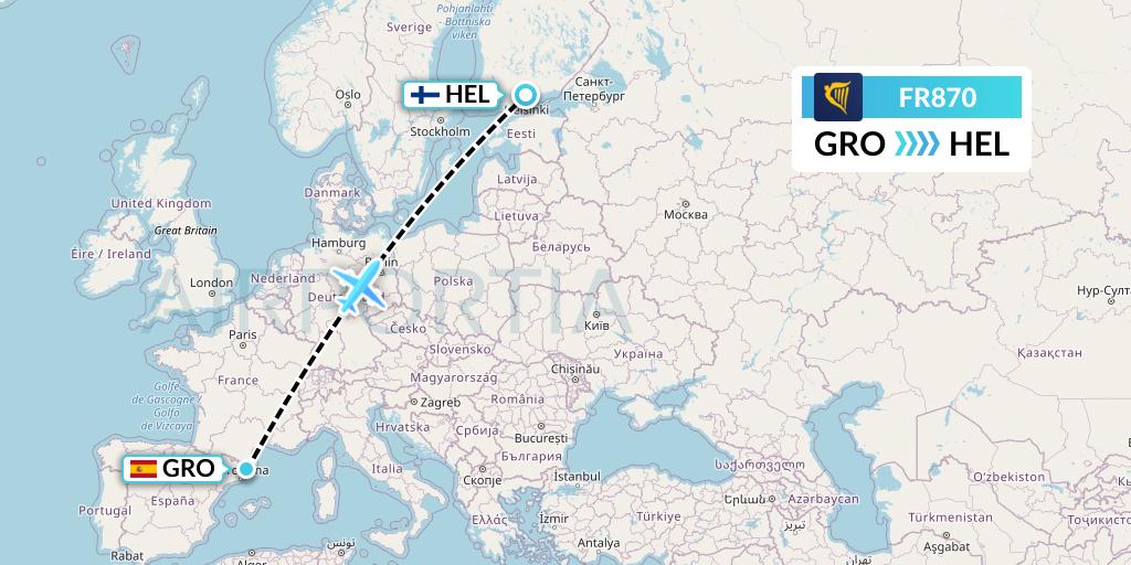 FR870 Ryanair Flight Map: Girona to Helsinki