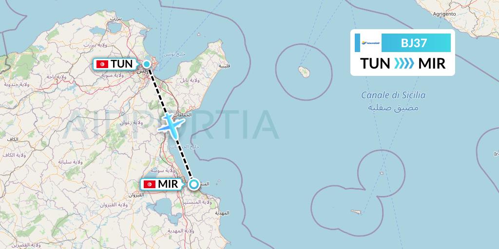 BJ37 Nouvelair Tunisie Flight Map: Tunis to Monastir