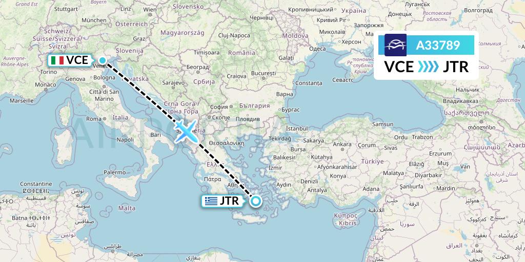 A33789 Aegean Airlines Flight Map: Venice to Santorini