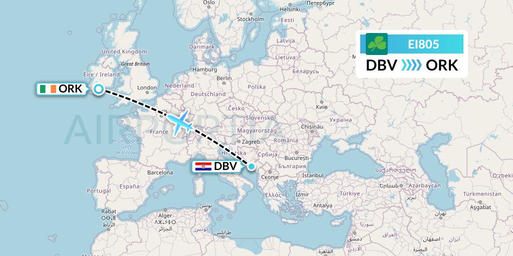 EI805 Aer Lingus Flight Map: Dubrovnik to Cork