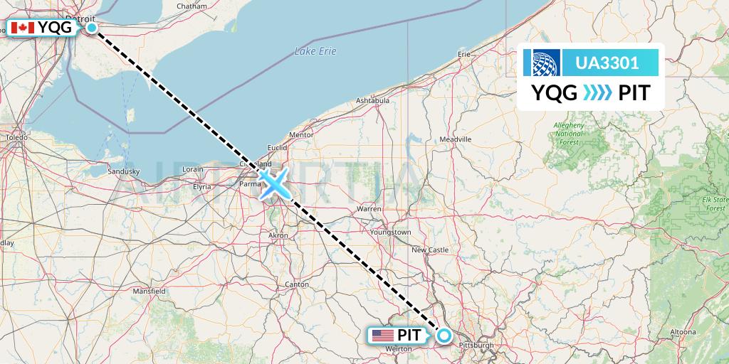 UA3301 United Airlines Flight Map: Windsor to Pittsburgh
