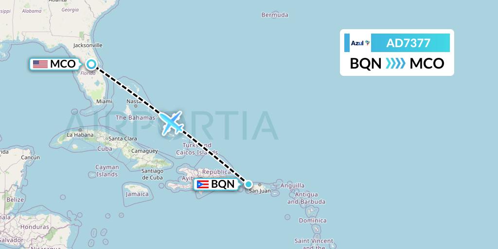 AD7377 Azul Brazilian Airlines Flight Map: Aguadilla to Orlando