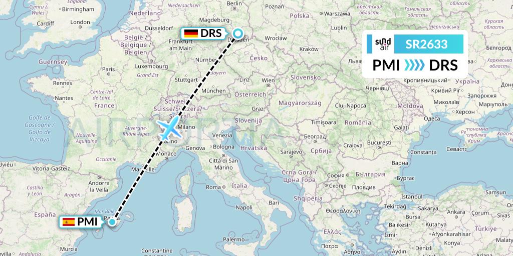 SR2633 SundAir Flight Map: Palma de Mallorca to Dresden