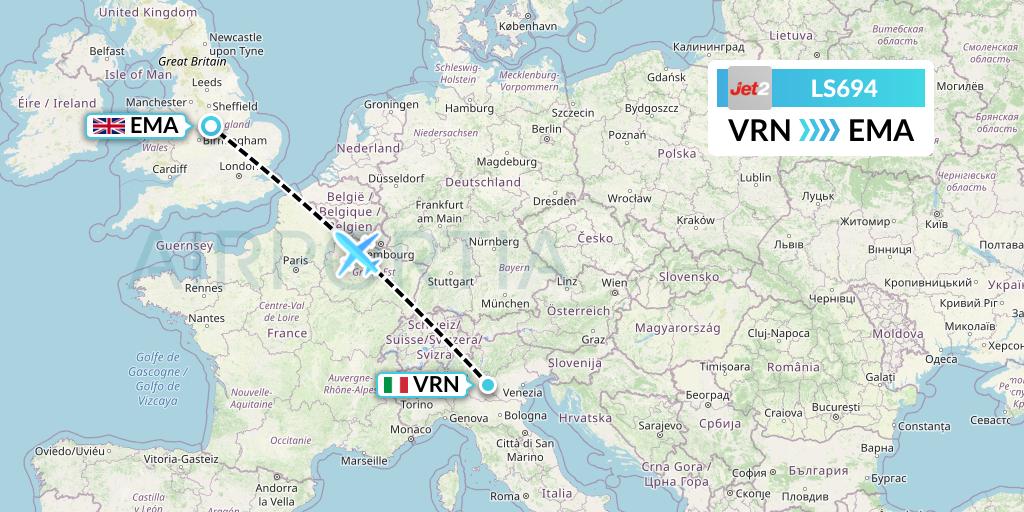 LS694 Jet2 Flight Map: Verona to East Midlands