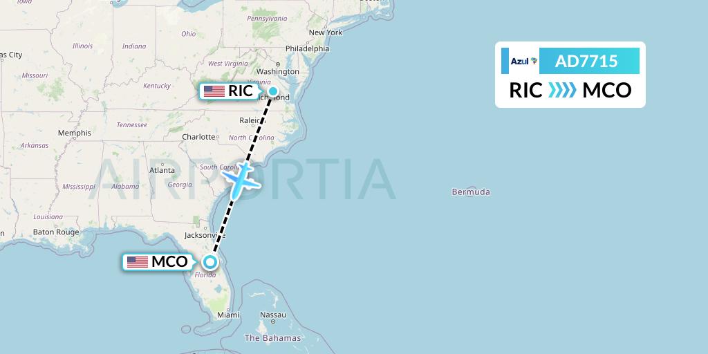 AD7715 Azul Brazilian Airlines Flight Map: Richmond to Orlando