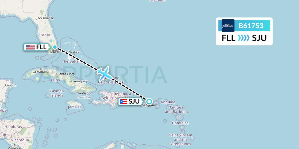 B61753 JetBlue Airways Flight Map: Fort Lauderdale to San Juan