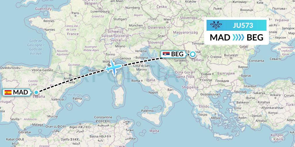 JU573 AirSERBIA Flight Map: Madrid to Belgrade