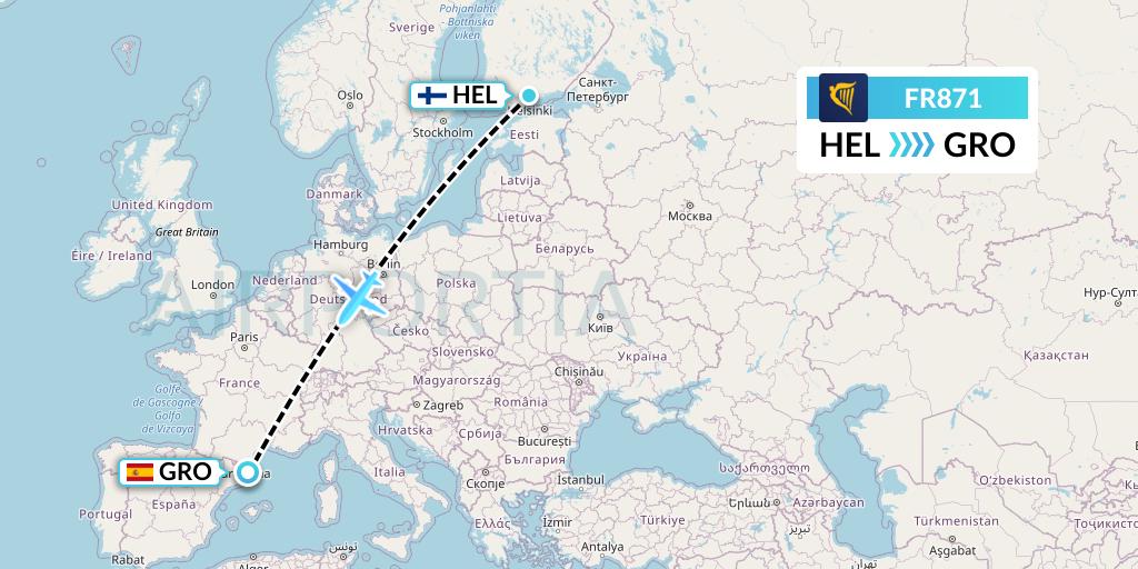 FR871 Ryanair Flight Map: Helsinki to Girona