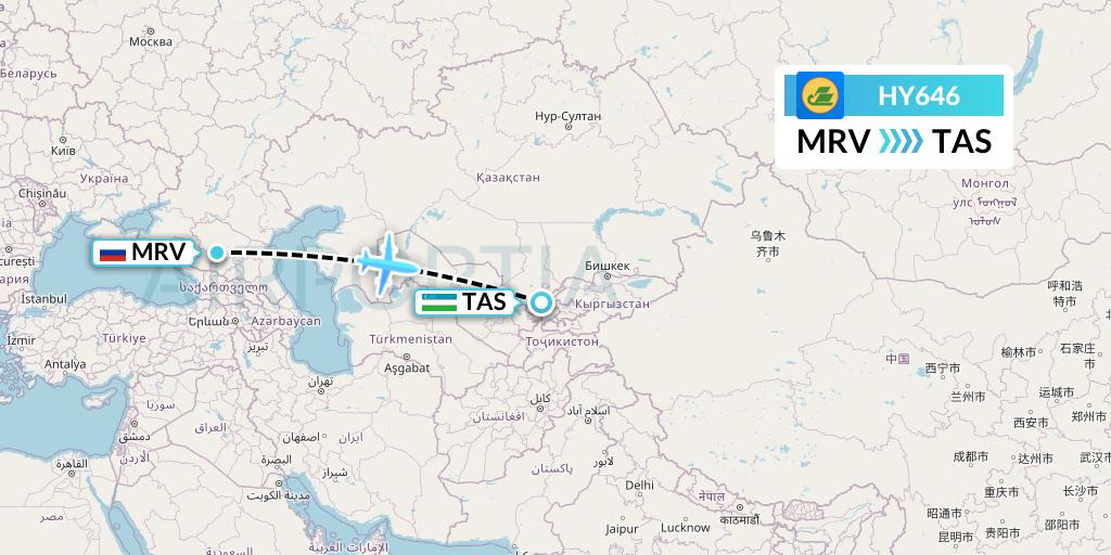HY646 Uzbekistan Airways Flight Map: Mineralnye Vody to Tashkent