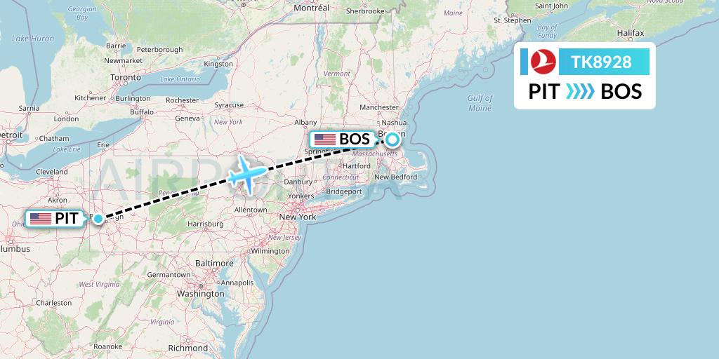 TK8928 Turkish Airlines Flight Map: Pittsburgh to Boston