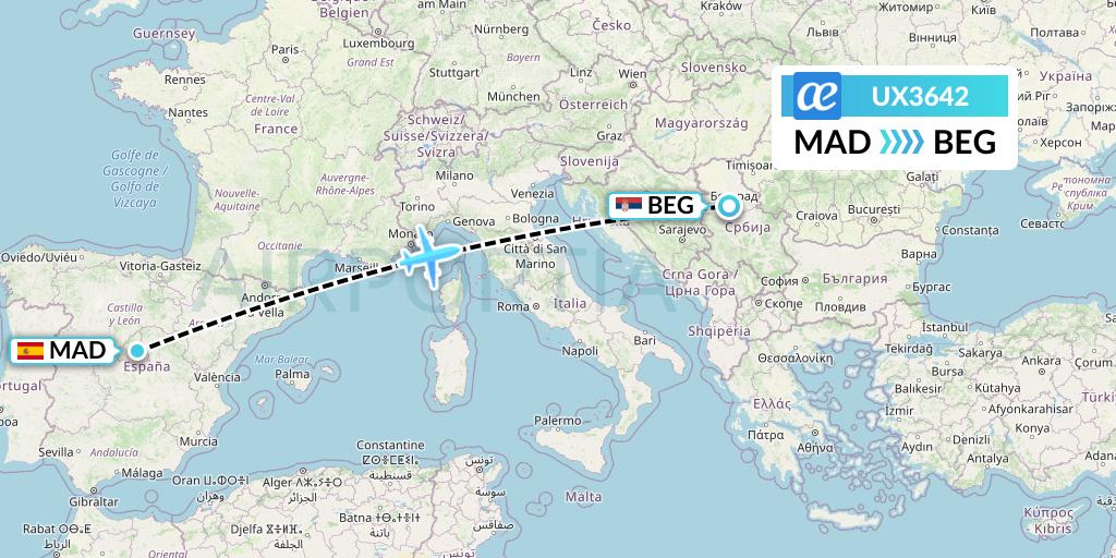 UX3642 Air Europa Flight Map: Madrid to Belgrade