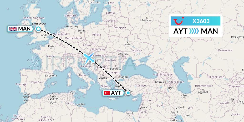X3603 TUI fly Germany Flight Map: Antalya to Manchester