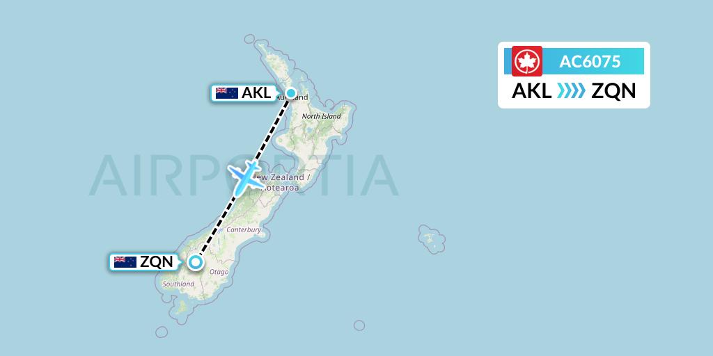 AC6075 Air Canada Flight Map: Auckland to Queenstown