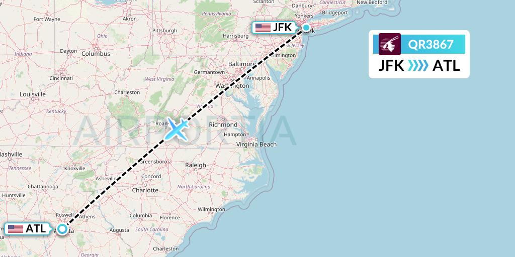 QR3867 Qatar Airways Flight Map: New York to Atlanta