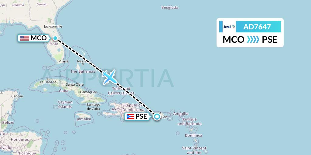 AD7647 Azul Brazilian Airlines Flight Map: Orlando to Ponce
