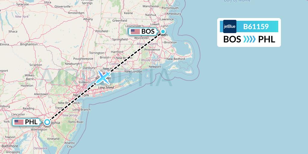 B61159 JetBlue Airways Flight Map: Boston to Philadelphia