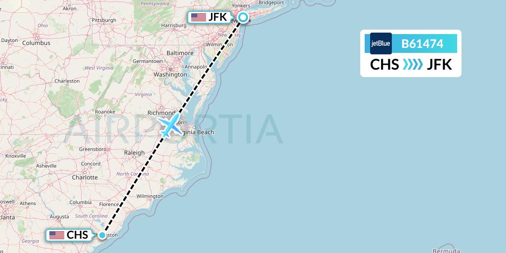B61474 JetBlue Airways Flight Map: Charleston to New York