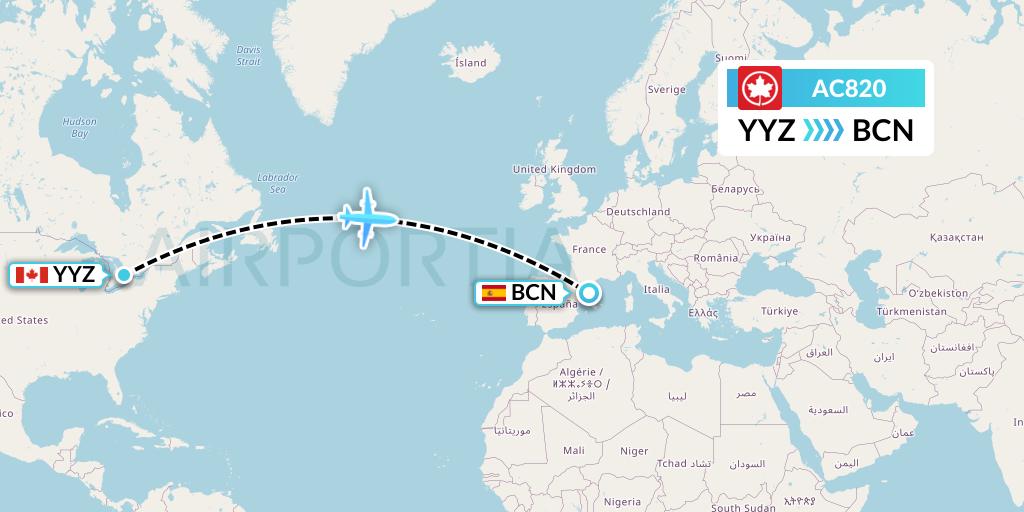 AC820 Air Canada Flight Map: Toronto to Barcelona
