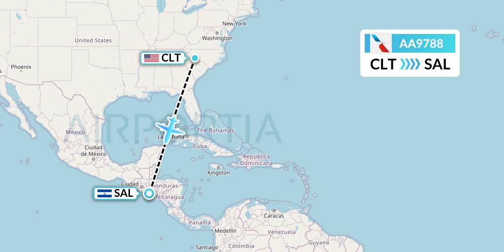 AA9788 American Airlines Flight Map: Charlotte to San Salvador