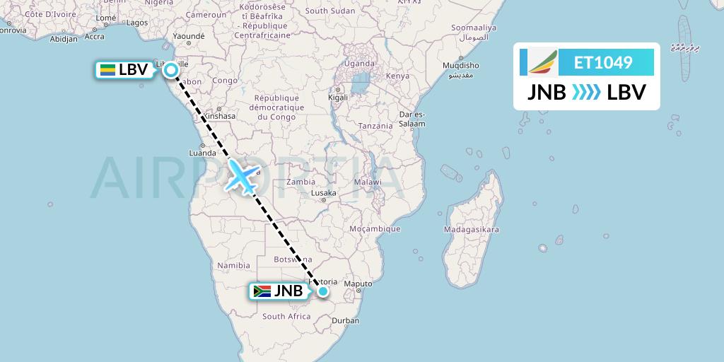 ET1049 Ethiopian Airlines Flight Map: Johannesburg to Libreville