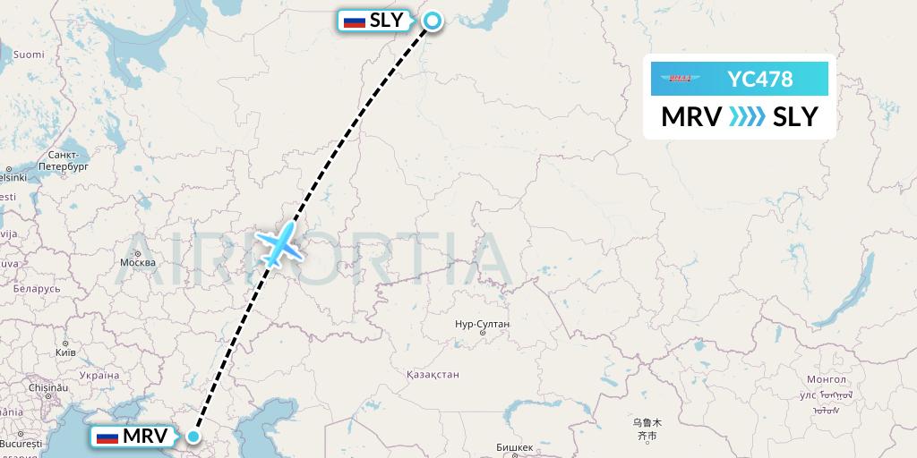 YC478 Yamal Airlines Flight Map: Mineralnye Vody to Salekhard