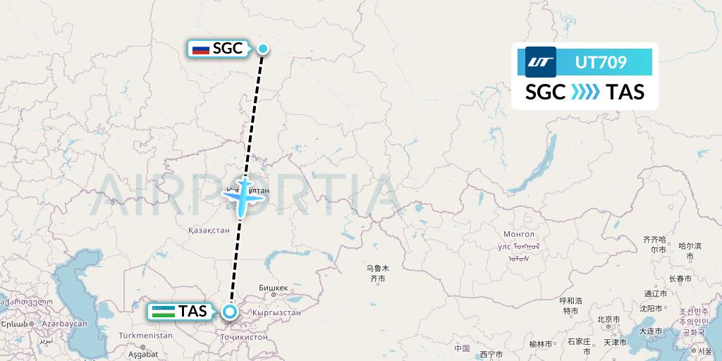 UT709 UTair Flight Map: Surgut to Tashkent