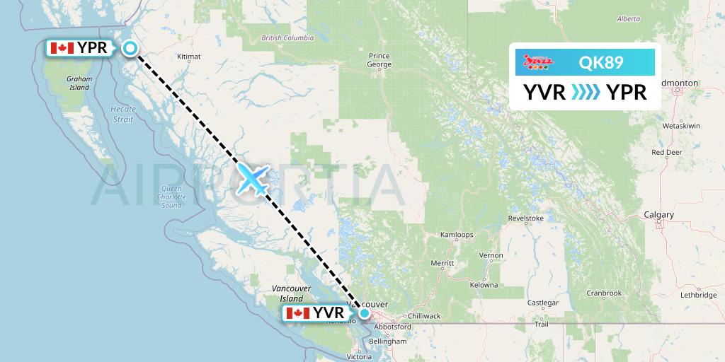 QK89 Jazz Air Flight Map: Vancouver to Prince Rupert