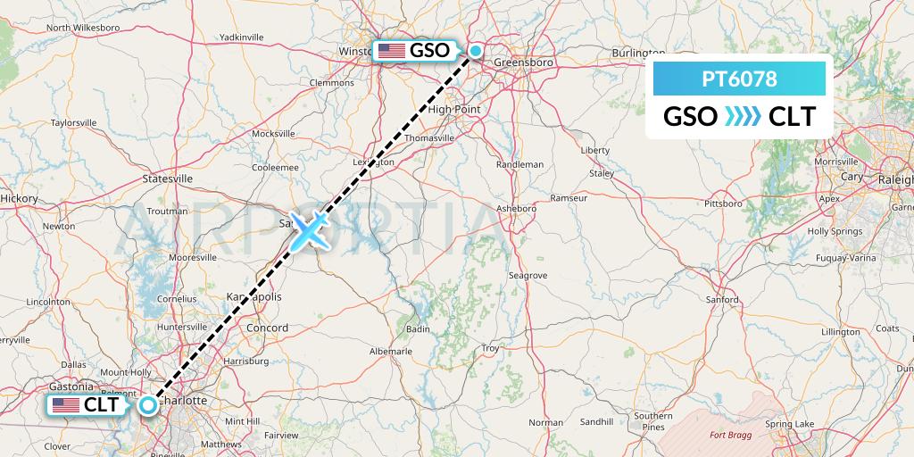 PT6078 Piedmont Airlines Flight Map: Greensboro to Charlotte