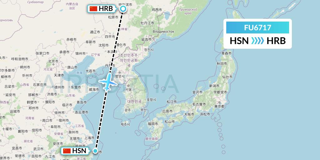 FU6717 Fuzhou Airlines Flight Map: Zhoushan to Harbin