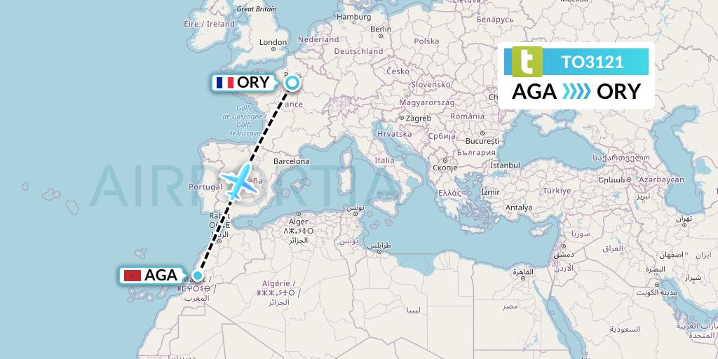TO3121 Transavia France Flight Map: Agadir to Paris