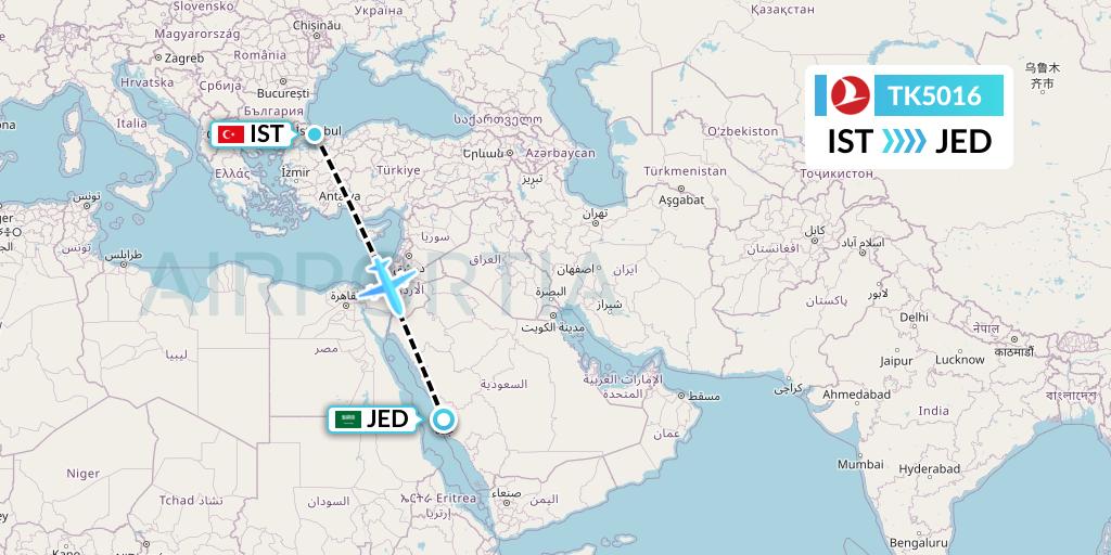 TK5016 Turkish Airlines Flight Map: Istanbul to Jeddah