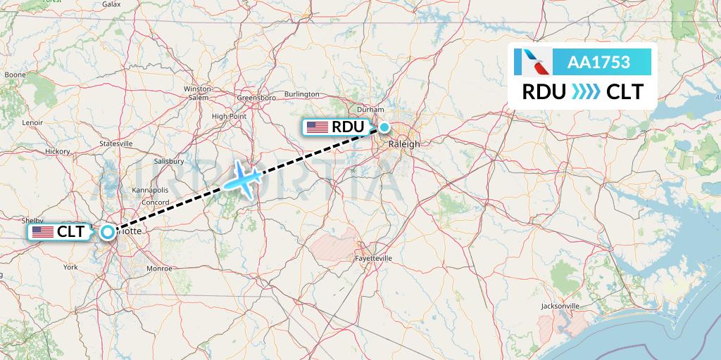 AA1753 American Airlines Flight Map: Raleigh-Durham to Charlotte