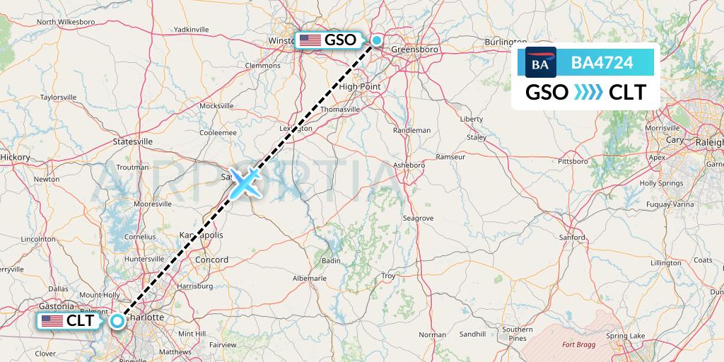 BA4724 British Airways Flight Map: Greensboro to Charlotte