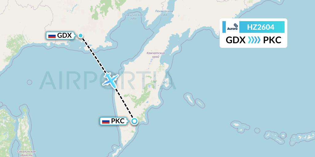 HZ2604 Aurora Flight Map: Magadan to Petropavlovsk-Kamchatsky