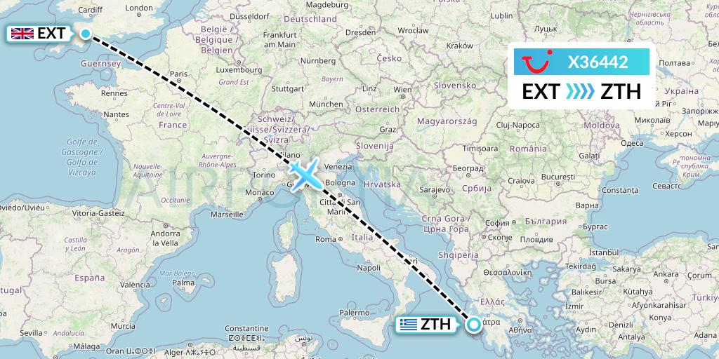 X36442 TUI fly Germany Flight Map: Exeter to Zakynthos