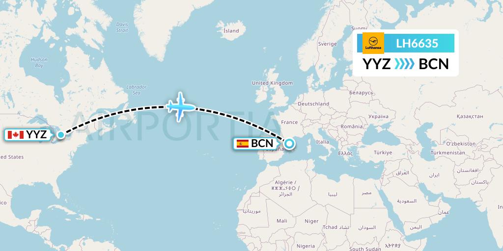LH6635 Lufthansa Flight Map: Toronto to Barcelona