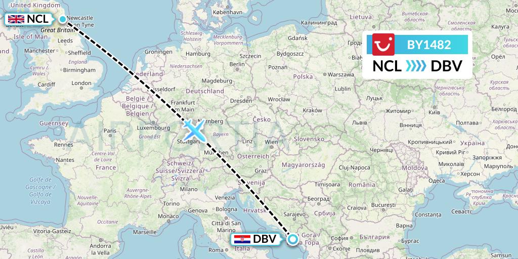 BY1482 TUI Airways Flight Map: Newcastle to Dubrovnik