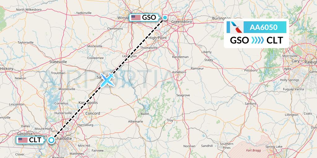 AA6050 American Airlines Flight Map: Greensboro to Charlotte