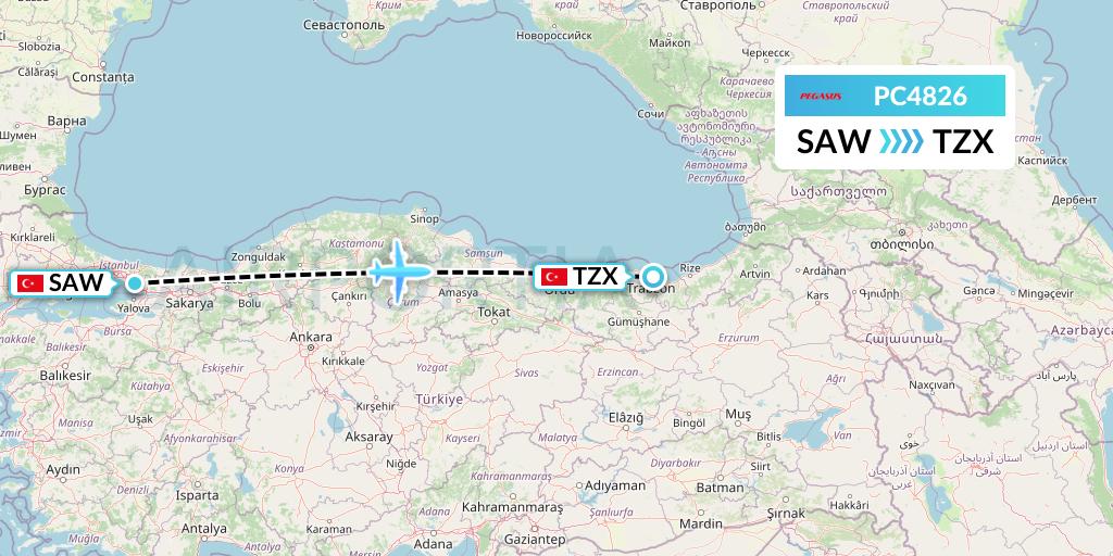 PC4826 Pegasus Airlines Flight Map: Istanbul to Trabzon