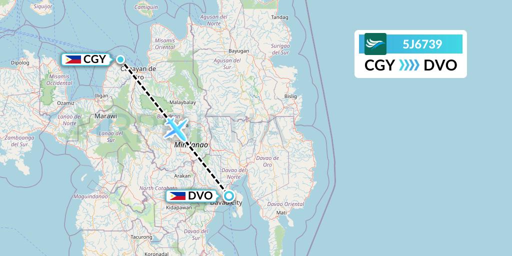 5J6739 CEBU Pacific Air Flight Map: Cagayan de Oro to Davao City