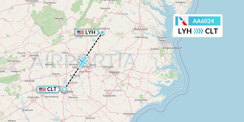 AA6024 American Airlines Flight Map: Lynchburg to Charlotte