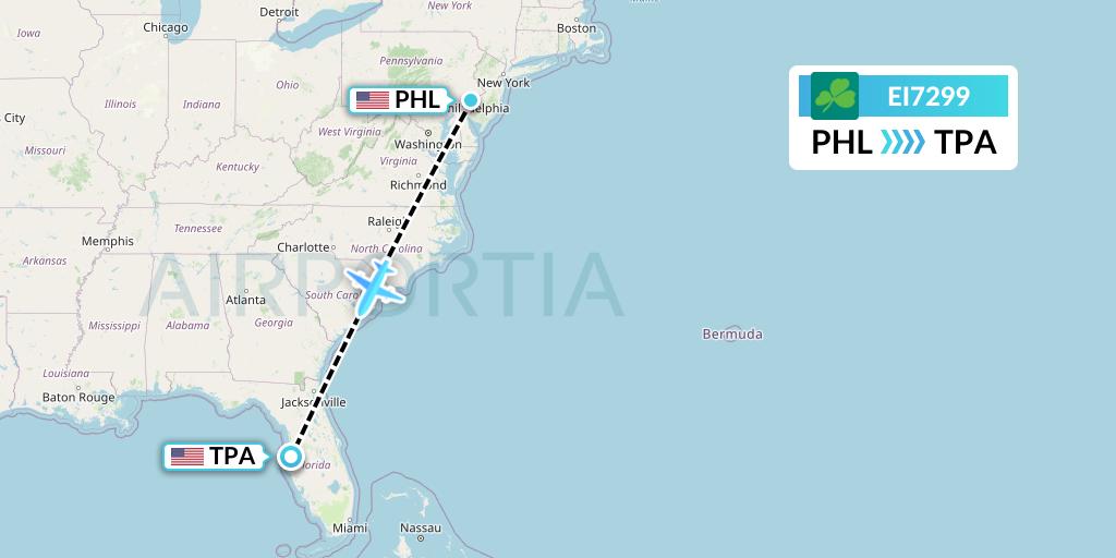 EI7299 Aer Lingus Flight Map: Philadelphia to Tampa