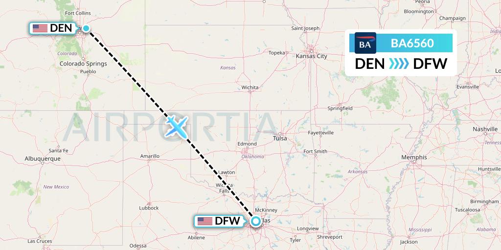 BA6560 British Airways Flight Map: Denver to Dallas
