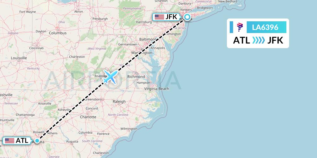 LA6396 LAN Airlines Flight Map: Atlanta to New York