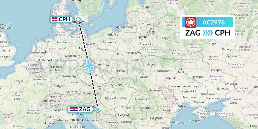 AC2976 Air Canada Flight Map: Zagreb to Copenhagen