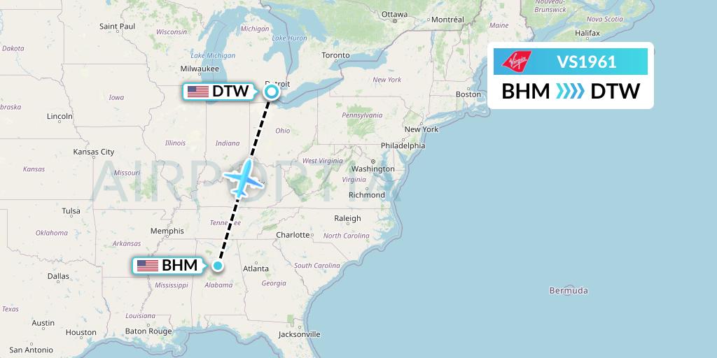 VS1961 Virgin Atlantic Airways Flight Map: Birmingham to Detroit